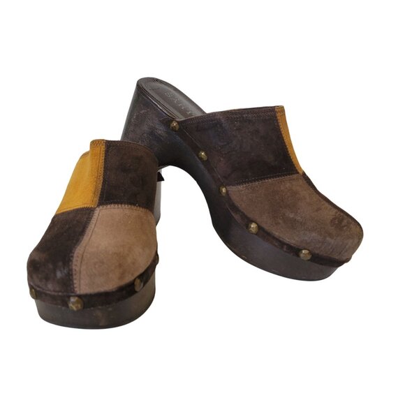 Franco Sarto vintage 90's suede leather patchwork chunky heel wooden clogs 6.5 M - Picture 1 of 16
